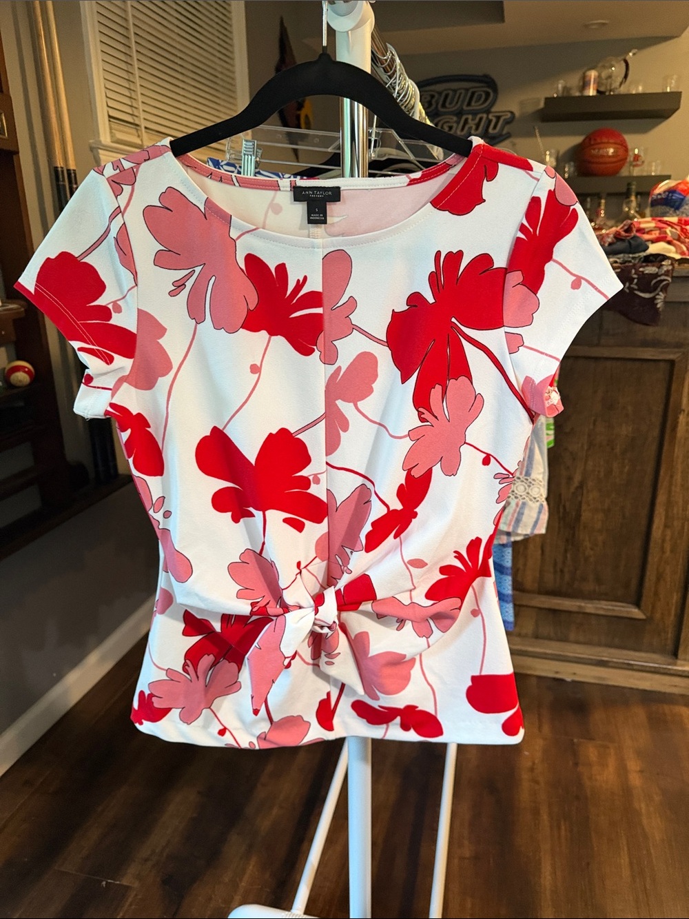 Ann Taylor Factory White Blouse with Red and Pink Floral Tie-Front